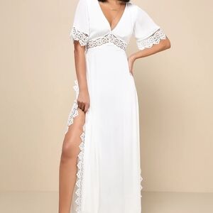 Elegant White Lace Trim Maxi Dress